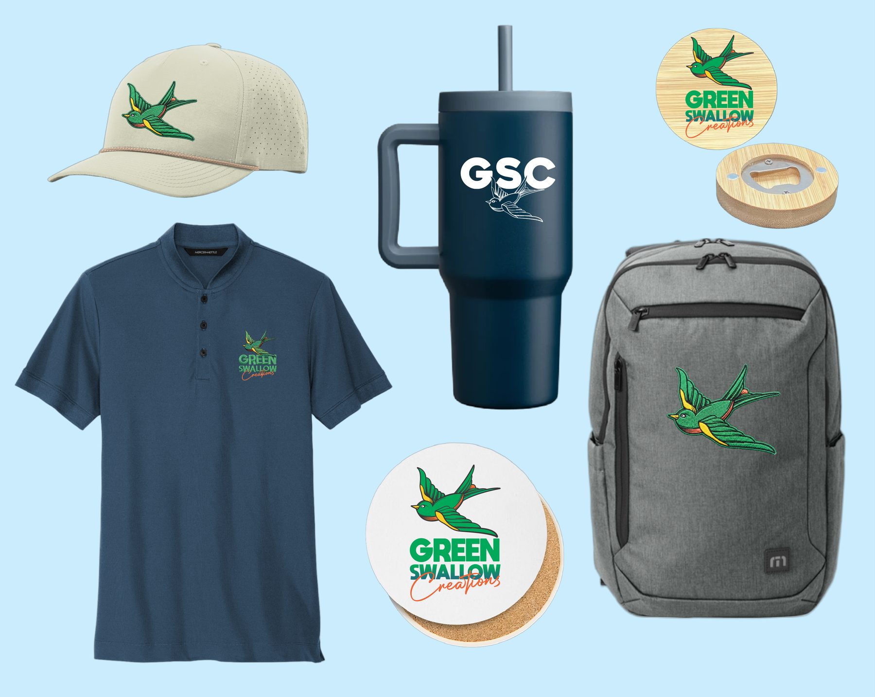 Green Swallow Creations branded merchandise: cap, polo, tumbler, coasters, bottle opener, and backpack